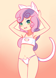 Size: 785x1080 | Tagged: suggestive, artist:drantyno, sweetie belle, armpits, banned from derpibooru, belly button, blushing, bra, cameltoe, cat ears, cat lingerie, cat tail, clothes, crop top bra, female, gradient background, human, human coloration, humanized, imported from twibooru, lingerie, lolicon, looking at you, open mouth, panties, smiling, solo, solo female, underage, underwear, white underwear