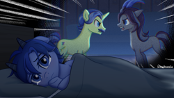 Size: 1920x1080 | Tagged: safe, artist:limedazzle, oc, oc:donald, oc:james, oc:victoria, colt, concave belly, crying, female, foal, goat, goat pony, height difference, horn, imported from derpibooru, indoors, male, oc only, physique difference, pony, quadrupedal, slender, stallion, thin, unicorn
