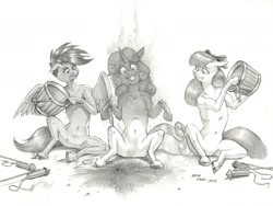 Size: 1400x1051 | Tagged: safe, artist:baron engel, apple bloom, scootaloo, sweetie belle, belly, belly button, bucket, cutie mark crusaders, earth pony, female, filly, fireworks, foal, g4, horn, imported from derpibooru, monochrome, pegasus, pencil drawing, pony, pyro belle, simple background, sweetiedumb, this ended in explosions, traditional art, unicorn