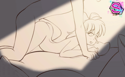 Size: 950x590 | Tagged: explicit, artist:sugarlesspaints, apple bloom, animated, banned from derpibooru, blushing, face down ass up, female, gif, human, humanized, imported from twibooru, incest, light, lolicon, nudity, penetration, penis, pillow, underage