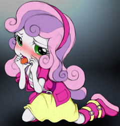 Size: 1002x1050 | Tagged: suggestive, artist:kuromitsu, sweetie belle, ahegao, banned from derpibooru, blushing, breasts, clothes, delicious flat chest, equestria girls, female, imported from twibooru, kneeling, lewd, lolicon, looking at you, off shoulder, open mouth, solo, solo female, tongue out, underage