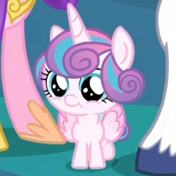 Size: 1049x1049 | Tagged: safe, princess flurry heart, shining armor, alicorn, baby, baby alicorn, baby flurry heart, baby pony, changeling hive, cropped, cute, cute baby, cute smile, female, filly, foal, folded wings, front view, g4, grin, hoof shoes, imported from derpibooru, male, mare, my little pony: friendship is magic, newborn foal, offscreen character, peytral, pony, princess cadance, screencap, season 6, smiling, solo focus, stallion, to where and back again, trio, unshorn fetlocks, wings