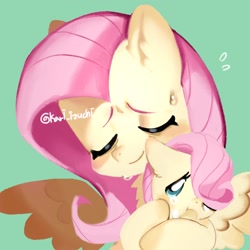 Size: 2048x2048 | Tagged: safe, artist:izuchi, fluttershy, baby, baby pony, duo, duo female, female, filly, foal, g4, green background, imported from derpibooru, mare, pegasus, pony, self paradox, self ponidox, simple background