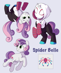 Size: 1690x2041 | Tagged: safe, artist:xwosya, sweetie belle, clothes, crossover, cutie mark, eye clipping through hair, eyebrows, eyebrows visible through hair, female, filly, foal, g4, gwen stacy, hood, horn, imported from derpibooru, marvel, pony, rearing, reference sheet, simple background, spider belle, spider-man, spider-man: across the spider-verse, spider-sona, superhero, text, unicorn, upside down