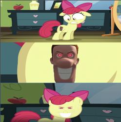 Size: 1526x1540 | Tagged: safe, apple bloom, apple bloom's cutie mark, bloom & gloom, earth pony, edit, edited screencap, exploitable meme, female, filly, foal, g4, imported from derpibooru, indoors, meme, my little pony: friendship is magic, patbot, photoshop, postman pat, postman pat the movie, red eyes, robot, screencap, season 5