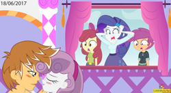 Size: 2328x1268 | Tagged: safe, artist:conikiblasu-fan, apple bloom, rarity, scootaloo, sweetie belle, age difference, banned from derpibooru, belt, clothes, equestria girls, eyes closed, feather bangs, female, hard to say anything, imported from twibooru, lolicon, male, open mouth, pants, shipping, shocked, straight, sweetiebangs, underage