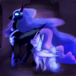 Size: 2048x2048 | Tagged: safe, artist:b1nx13, princess luna, 2026, alicorn, armor, duo, duo female, female, filly, floppy ears, foal, folded wings, g4, helmet, high res, hoof shoes, horn, imported from derpibooru, indoors, mare, nightmare moon, pony, princess shoes, tail, wings, young luna