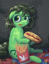 Size: 1246x1610 | Tagged: safe, artist:mareoinaddict, oc, oc:filly anon, earth pony, eating, fat, female, filly, foal, food, french fries, hot dog, imported from derpibooru, looking at something, meat, messy mane, oc only, painting, pony, sandwich, sausage, signature, sitting, solo, wawa
