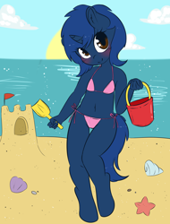 Size: 3359x4411 | Tagged: questionable, artist:wickedsilly, oc, oc:starlight blossom, anthro, banned from derpibooru, beach, bikini, bikini bottom, bikini top, blushing, bucket, cameltoe, clothes, cloud, female, imported from twibooru, lolicon, looking at you, oc only, ocean, sand castle, shell, shovel, sky, solo, starfish, swimsuit, thigh gap, underage, unicorn