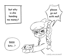 Size: 712x627 | Tagged: safe, artist:candyvoncaramell, silver spoon, bits, earth pony, female, filly, foal, g4, graphite drawing, grayscale, imported from derpibooru, money, monochrome, pencil drawing, ponified manga, speech bubble, traditional art