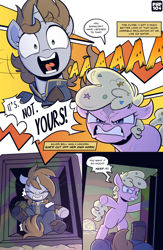 Size: 2480x3794 | Tagged: safe, artist:php104, oc, oc:littlepip, oc:pinkie bell, oc:silver bell, comic:rock farm, angry, armor, balefire bomb, clothes, comic, confetti, fallout equestria, female, filly, foal, g4, horn, imported from derpibooru, jumpsuit, mare, open mouth, pipbuck, pony, screaming, speech bubble, unicorn, vault suit