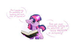 Size: 4093x2894 | Tagged: safe, artist:sinrinf, twilight sparkle, oc, book, egghead, female, filly, filly twilight sparkle, foal, g4, glowing, glowing horn, horn, implied princess twilight, imported from derpibooru, pony, simple background, solo, unicorn, younger