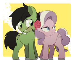 Size: 1477x1200 | Tagged: safe, artist:ponypretzel, diamond tiara, oc, oc:colt anon, annoyed, colt, diamond tiara is not amused, diamond tsundiara, earth pony, female, filly, flower, flower in mouth, foal, g4, imported from derpibooru, male, mouth hold, passepartout, pony, rose, rose in mouth, simple background, tsundere, unamused