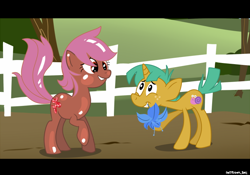 Size: 660x461 | Tagged: safe, artist:dotrook, oc, oc:maple gleam, balloon pony, canon x oc, colt, dead source, earth pony, earth pony oc, female, flower, flower in mouth, foal, freckles, g4, horn, imported from derpibooru, inflatable, inflatable pony, looking at each other, looking at someone, male, mare, mouth hold, outdoors, poison joke, pony, raised hoof, raised tail, shiny ponies, shipping, smiling, smiling at each other, snails, tail, unicorn