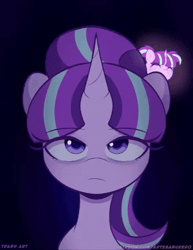 Size: 492x636 | Tagged: safe, artist:trash art, starlight glimmer, alternate version, animated, black background, colt, colt sunburst, duo, duo male and female, eyes closed, female, filly, filly starlight glimmer, foal, g4, gif, happy face, horn, imported from derpibooru, male, mare, meme, ponified meme, pony, pronking, sad face, simple background, sunburst, unicorn, younger