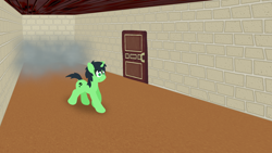 Size: 1920x1080 | Tagged: safe, oc, oc:filly anon, amnesia: the dark descent, anonymous artist, door, female, filly, foal, fog, g4, hallway, horn, imported from derpibooru, indoors, lineless, no pupils, oc only, pony, solo, the small horse, unicorn, walking
