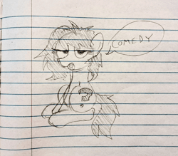 Size: 1920x1681 | Tagged: safe, artist:dhm, oc, oc:filly anon, animated, comedy, female, filly, foal, food, funny, gif, imported from derpibooru, joke, lined paper, looking at you, messy, onomatopoeia, pencil drawing, pie, pie in the face, pony, sitting, sketch, solo, speech bubble, splat, talking to viewer, text, traditional art, two-frame gif