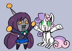 Size: 1502x1067 | Tagged: safe, artist:squiddosquid, sweetie belle, duo, duo female, female, filly, foal, friendship is witchcraft, g4, green eyes, horn, idolmaster, imported from derpibooru, nozomi tojo, pony, purple hair, robot, robot pony, siivagunner, simple background, sweetie bot, the joke explainer 7000, unicorn