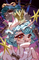 Size: 2557x3870 | Tagged: safe, artist:hs xiao fangkuai, abstract background, alicorn, alicornified, artist name, blushing, cozy glow, cozycorn, crown, fangs, female, filly, foal, g4, hair ribbon, heart, hoof over mouth, imported from derpibooru, jewelry, king (chess), multiple views, partially open wings, pawn (chess), pony, queen (chess), race swap, regalia, ribbon, rook (chess), smug, stars, twilight sparkle's cutie mark, upper body, watermark, wings, yellow ribbon