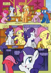 Size: 1920x2715 | Tagged: safe, artist:alexdti, applejack, fluttershy, pinkie pie, rarity, oc, oc:smoothie, comic:how we met, alternate hairstyle, angel bunny, animal, blushing, blushing profusely, earth pony, female, filly, filly rarity, floppy ears, foal, g4, horn, imported from derpibooru, pegasus, pony, quadrupedal, rabbit, unicorn, younger