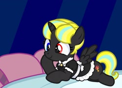 Size: 2208x1587 | Tagged: safe, artist:weker, oc, oc:littlelight, alicorn, alicorn oc, bed, bedroom, butt, clothes, cute, female, filly, foal, g4, heterochromia, horn, imported from derpibooru, indoors, maid, metacorn, oc only, plot, pony, solo, unicorn horn, vector, wings