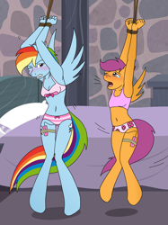 Size: 2208x2959 | Tagged: explicit, artist:jackiejake, artist:ryuseihikari, rainbow dash, scootaloo, anthro, armpits, banned from derpibooru, bedroom, belly button, blushing, bondage, bra, breasts, cleavage, clothes, crop top bra, crying, embarrassed, female, females only, flower pattern underwear, glare, hanging, imported from twibooru, lolicon, panties, pink underwear, ribbon, rope, sex toy, spread wings, striped underwear, suspended, underage, underwear, vibrator, wingboner, wings