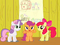 Size: 1600x1200 | Tagged: safe, artist:narfpinky, apple bloom, scootaloo, sweetie belle, clubhouse, crusaders clubhouse, cutie mark crusaders, earth pony, female, filly, foal, g4, grin, horn, imported from derpibooru, indoors, open mouth, open smile, pegasus, pony, smiling, trio, trio female, unicorn