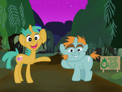 Size: 1600x1200 | Tagged: safe, artist:narfpinky, colt, duo, duo male, everfree forest, everfree northwest, foal, g4, horn, imported from derpibooru, looking at you, male, night, open mouth, open smile, outdoors, pointing, pony, raised hoof, sign, smiling, smiling at you, snails, snips, unicorn, waving, waving at you