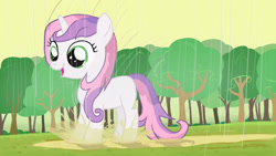 Size: 1920x1080 | Tagged: safe, artist:narfpinky, sweetie belle, female, filly, foal, g4, imported from derpibooru, outdoors, pony, puddle, solo, splashing, wet, wet mane