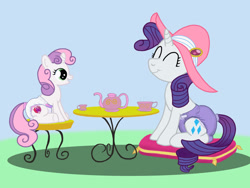 Size: 1032x774 | Tagged: safe, artist:narfpinky, rarity, sweetie belle, diaper, diaper belle, diaperity, duo, female, filly, foal, g4, hat, horn, imported from derpibooru, mare, non-baby in diaper, outdoors, pony, siblings, sisters, sitting, smiling, tea party, unicorn