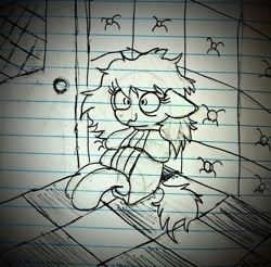 Size: 2067x2032 | Tagged: safe, artist:dhm, oc, oc:filly anon, asylum, bondage, female, filly, foal, imported from derpibooru, insanity, lined paper, monochrome, oc only, padded cell, paper, pen drawing, pencil drawing, pony, shrunken pupils, solo, straitjacket, traditional art