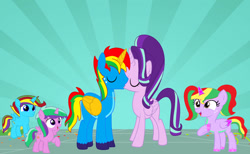 Size: 1138x702 | Tagged: safe, artist:brightstar40k, starlight glimmer, oc, oc:glitter sparkle, oc:shield wing, oc:starline armour, oc:starling shield, alicorn, alicornified, colt, female, filly, foal, g4, imported from derpibooru, kissing, male, mare, needs more jpeg, pony, race swap, stallion, starlicorn, xk-class end-of-the-world scenario