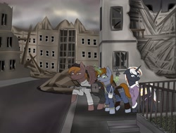 Size: 1600x1216 | Tagged: safe, oc, oc:calamity, oc:desolate ruins, oc:littlepip, oc:velvet remedy, bag, battle saddle, city, clothes, cloud, cloudy, colt, fallout equestria, fanfic, fanfic art, female, fluttershy medical saddlebag, foal, g4, gray sky, gun, handgun, hat, horn, imported from derpibooru, male, mare, medical saddlebag, outdoors, overcast, pegasus, pony, revolver, rifle, saddle bag, skirt, sky, spread wings, trio male and female, unicorn, weapon, wings