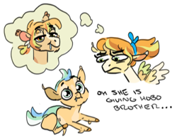 Size: 2048x1592 | Tagged: safe, artist:baylard, oc, oc:gold rush, oc:mango shores, oc:sea glass, baby, baby pony, dialogue, drool, duo, duo female, earth pony, female, filly, foal, imported from derpibooru, lidded eyes, lying down, male, mare, mother and child, mother and daughter, narrowed eyes, oc only, pegasus, pony, prone, simple background, stallion, thought bubble, white background