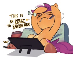 Size: 1200x966 | Tagged: safe, artist:miscuitsxd, scootaloo, chips, cigarette, drawing tablet, female, filly, foal, food, g4, glasses, implied rainbow dash, imported from derpibooru, meme, pegasus, pony, sitting, smoking, solo, tablet