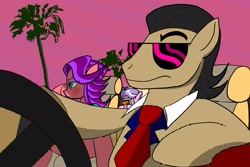 Size: 2048x1365 | Tagged: safe, artist:camwryyy, diamond tiara, blushing, clothes, driving, earth pony, eyebrows, female, filly, filthy rich, foal, g4, game boy, imported from derpibooru, lidded eyes, male, mare, necktie, outdoors, playing video games, pokémon, pokémon red and blue, pony, raised eyebrow, spoiled rich, stallion, steering wheel, sunglasses, tree, video game console