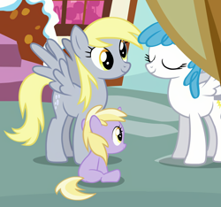 Size: 930x870 | Tagged: safe, cropped, derpy hooves, dinky hooves, eyes closed, female, filly, foal, full body, g4, imported from derpibooru, lightning bolt, mare, my little pony: friendship is magic, pegasus, ponies standing next to each other, pony, screencap, sitting, smiling, the one where pinkie pie knows, upscaled, white lightning