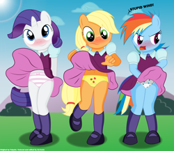 Size: 5536x4800 | Tagged: suggestive, artist:an-tonio, artist:tolpain, applejack, rainbow dash, rarity, anthro, banned from derpibooru, clothes, dress, edit, imported from twibooru, lolicon, panties, panty shot, school uniform, skirt, skirt flip, starry underwear, striped underwear, underage, underwear, upskirt, yellow underwear, younger