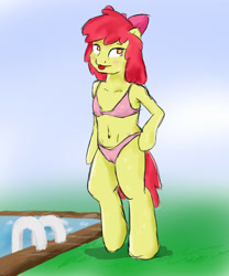 Size: 1200x1440 | Tagged: questionable, artist:pwnagespartan, apple bloom, anthro, apple bloom's bow, banned from derpibooru, belly button, bikini, blush lines, blushing, bow, cameltoe, clothes, female, grass, hair bow, imported from twibooru, ladder, lolicon, pink bikini, poolside, small bikini, solo, solo female, swimming pool, swimsuit, tongue out, underage, water, wet, young