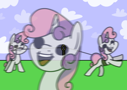 Size: 2048x1448 | Tagged: safe, artist:ewoudcponies, sweetie belle, dot eyes, female, filly, foal, g4, harness, horn, hyperactive, imported from derpibooru, leash, mouth hold, open mouth, open smile, outdoors, pony, pulling, smiling, solo, unicorn