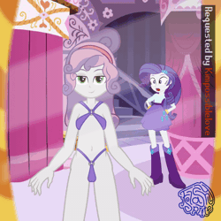 Size: 960x960 | Tagged: questionable, artist:momoiro-kun, rarity, sweetie belle, animated, banned from derpibooru, bikini, clothes, equestria girls, female, gif, imported from twibooru, lolicon, mirror, shocked, sling bikini, swimsuit, underage