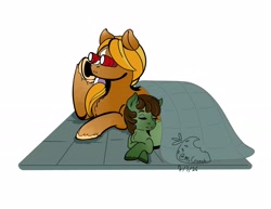Size: 2795x2160 | Tagged: safe, artist:mscrunch, oc, oc:mint chip, oc:salted caramel, blanket, blonde mane, brown coat, brown mane, chest fluff, commission, crossed hooves, duo, earth pony, female, filly, foal, green coat, imported from derpibooru, lying down, mare, multiple variants, oc only, palomino, prone, simple background, unshorn fetlocks, white background