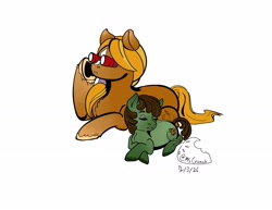 Size: 2795x2160 | Tagged: safe, artist:mscrunch, oc, oc:mint chip, oc:salted caramel, blonde mane, brown coat, brown mane, chest fluff, commission, crossed hooves, duo, female, filly, foal, green coat, group, imported from derpibooru, lying down, mare, multiple variants, oc only, palomino, prone, simple background, snow, unshorn fetlocks, white background, yakutian horse