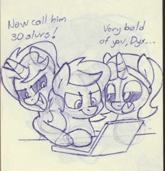 Size: 1066x1107 | Tagged: safe, artist:unitxxvii, oc, oc:dyx, oc:filly anon, oc:nyx, alicorn, computer, dialogue, earth pony, female, filly, foal, imported from derpibooru, laptop computer, lidded eyes, monochrome, oc only, open mouth, open smile, pen drawing, pony, smiling, traditional art, trio, trio female