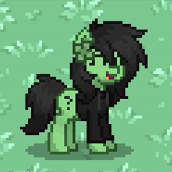 Size: 1080x1080 | Tagged: safe, artist:yuri fanatic, oc, oc:filly anon, ><, angry video game nerd, animated, black mane, clothes, clover, cute, dancing, digital art, eyes closed, female, filly, foal, grass, green, green fur, happy, hoodie, imported from derpibooru, loop, meme, movement, oc only, pixel art, pony, pony town, solo, sound, video, vulgar, webm, wtf