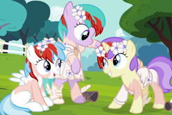 Size: 1675x1125 | Tagged: safe, artist:showstileanon, /ptfg/, alula, aura (g4), bipedal, character to character, cotton cloudy, earth pony, female, filly, foal, g4, grin, honkai: star rail, horn, human, human to pony, imported from derpibooru, mid-transformation, outdoors, pegasus, pluto, pony, show accurate, sitting, smiling, transformation, tribios, trio, unicorn, unicorn alula