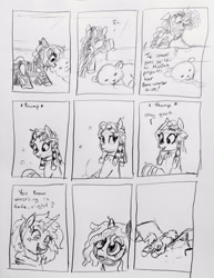 Size: 2296x2969 | Tagged: safe, artist:pony quarantine, oc, oc:nyxzala, oc:okie dokey loki, oc:zala, series:pq funnies, comic, comic strip, dialogue, female, filly, foal, horn, hybrid, imported from derpibooru, magical lesbian spawn, mare, oc only, offspring, open mouth, open smile, parent:oc:dyx, parent:oc:filly anon, parent:oc:nyx, parent:oc:zala, parents:oc x oc, pencil drawing, plushie, pony, sharp teeth, slapstick, smiling, sports, teddy bear, teeth, traditional art, trio, trio female, unicorn, unusual pupils, wrestling, zebra, zebra oc, zebroid, zony