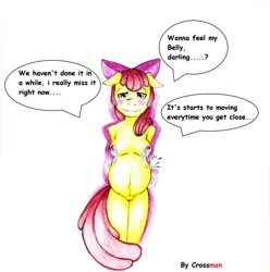 Size: 1270x1280 | Tagged: explicit, artist:crossman, apple bloom, anthro, banned from derpibooru, belly, belly button, blushing, breast milk, breasts, dialogue, female, floppy ears, imported from twibooru, lactation, lolicon, milk, needs more jpeg, nipples, nudity, pregnant, solo, solo female, speech bubble, traditional art, underage, vulva