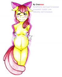 Size: 1280x1589 | Tagged: explicit, artist:crossman, artist:crossmblr, apple bloom, anthro, banned from derpibooru, belly, breast milk, breasts, female, floppy ears, imported from twibooru, lactation, lolicon, milk, nipples, nudity, pregnant, ribbon, solo, solo female, traditional art, underage