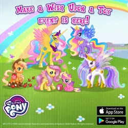 Size: 1080x1080 | Tagged: safe, applejack, fluttershy, princess celestia, alicorn, earth pony, female, filly, foal, g4, gameloft, imported from derpibooru, mare, my little pony logo, my little pony: magic princess, official, outdoors, pegasus, pony, princess gold lily, princess skyla, princess sterling, rainbow, text, toy